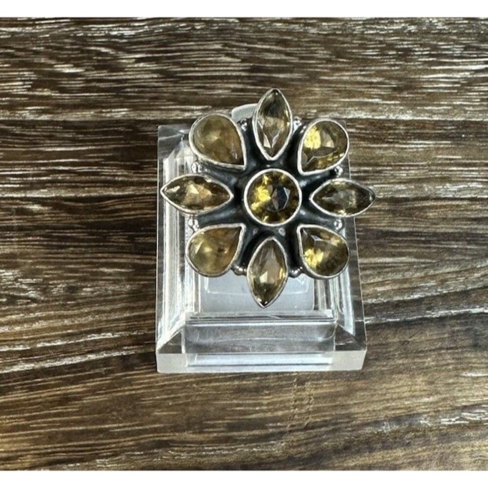 Natural Citrine Sterling Silver Multi Gemstone Flower Cluster Statement Ring 7